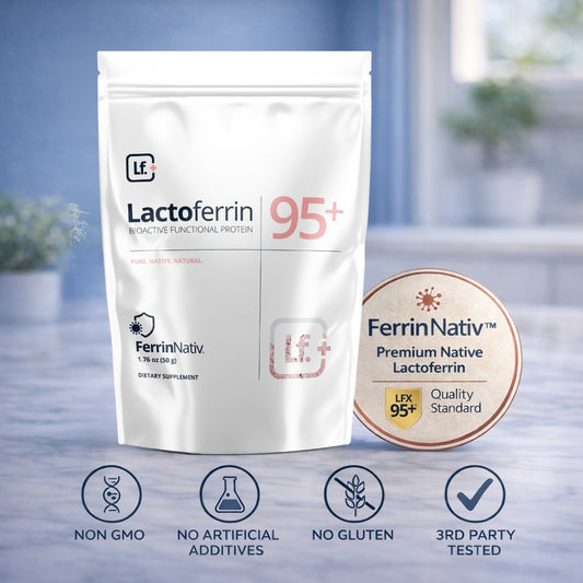 Lactoferrin supplement package with branding and product details on a blurred background