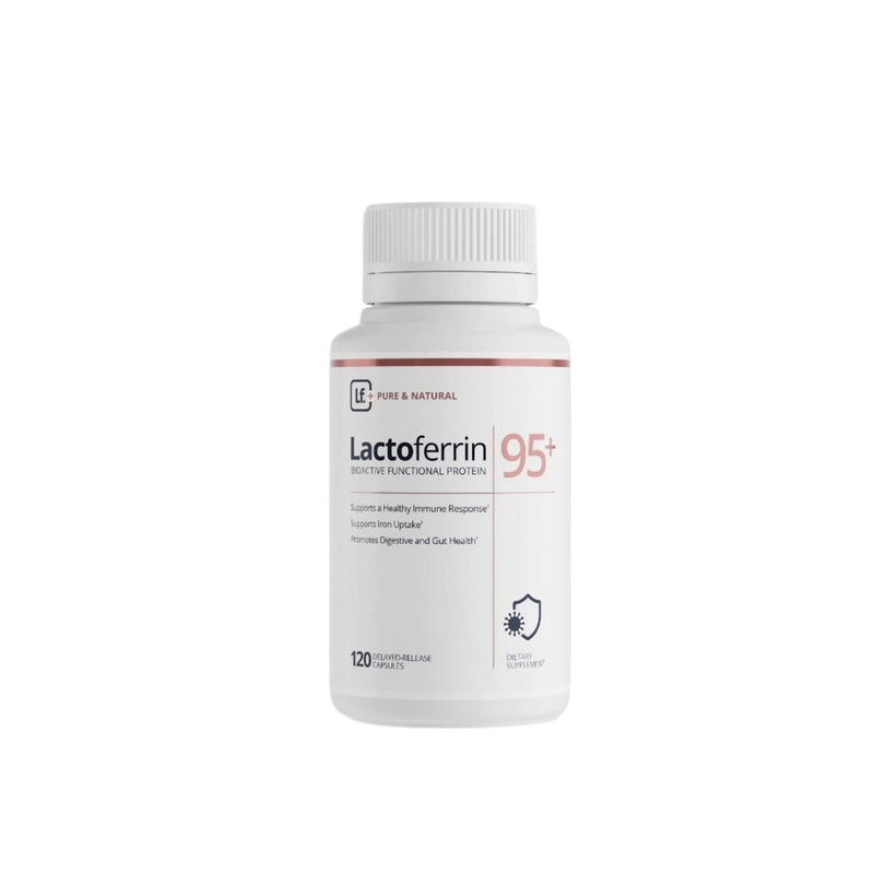 Bottle of Lactoferrin 95+ supplement on a white background