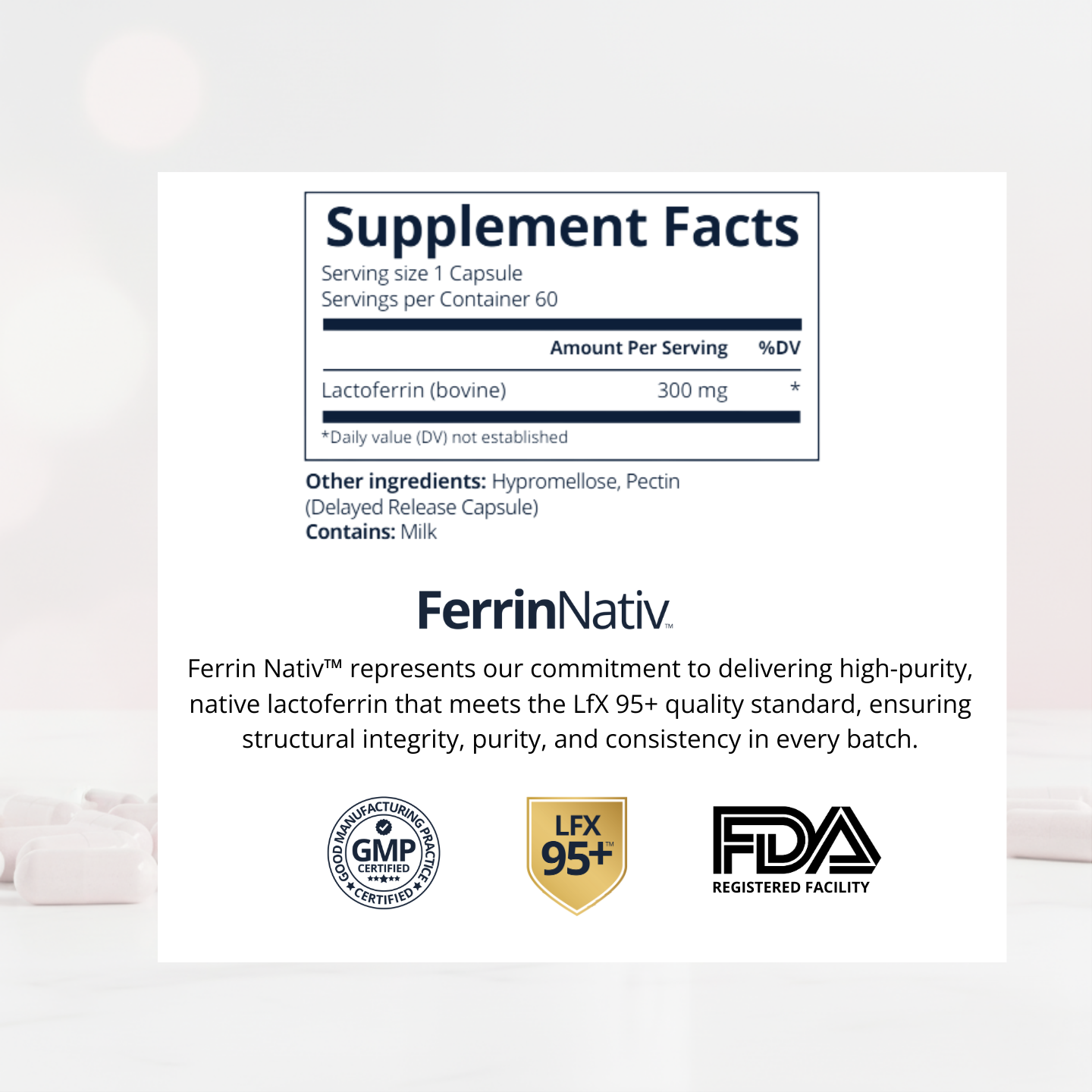 Supplement facts label for Ferrin Nativ with certification logos on a white background