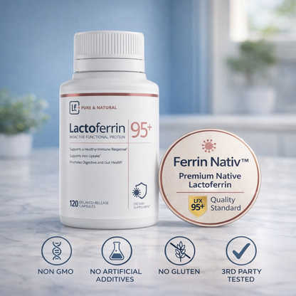 Bottle of Lactoferrin 95+ with Ferrin Nativ label on a blurred indoor background