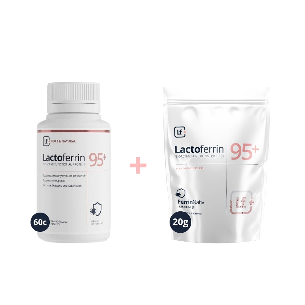 Lactoferrin supplement bottle and powder pack on a white background