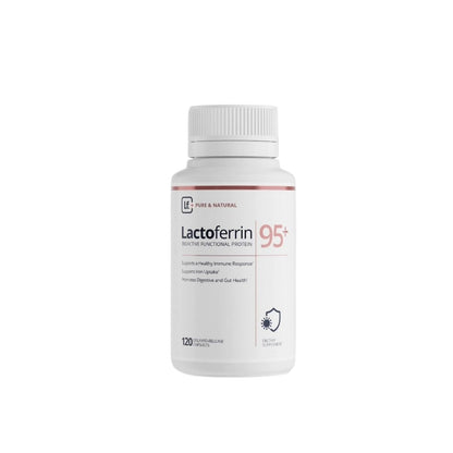 Bottle of Lactoferrin 95+ supplement on a white background