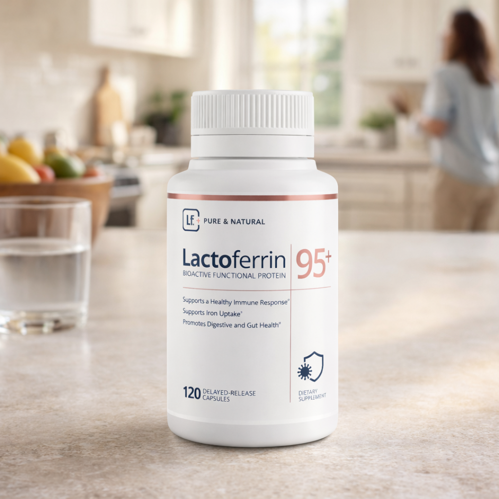 Lactoferrin supplement bottle on a kitchen counter with a blurred background